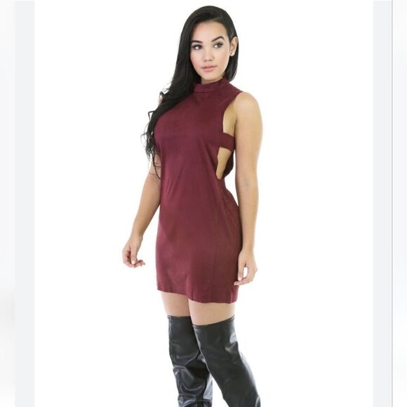 She + Sky Burgundy Back Zip Cut Out Sides Faux Suede dress - Picture 1 of 8